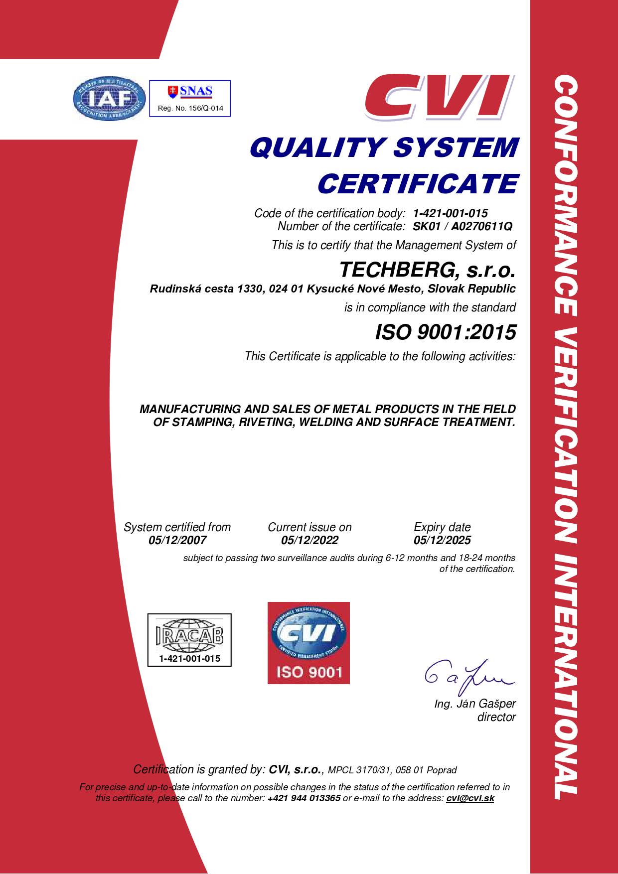 Certifikát systému manažérstva kvality EN